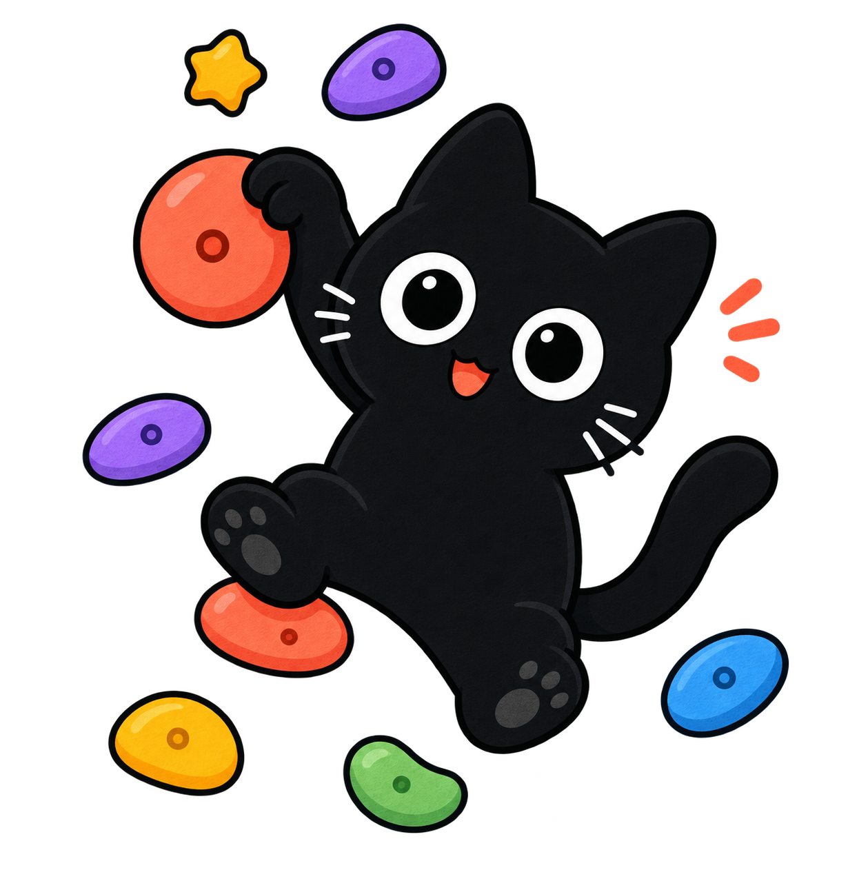 完攀黑猫抓着彩色岩点，抬脚继续向上爬